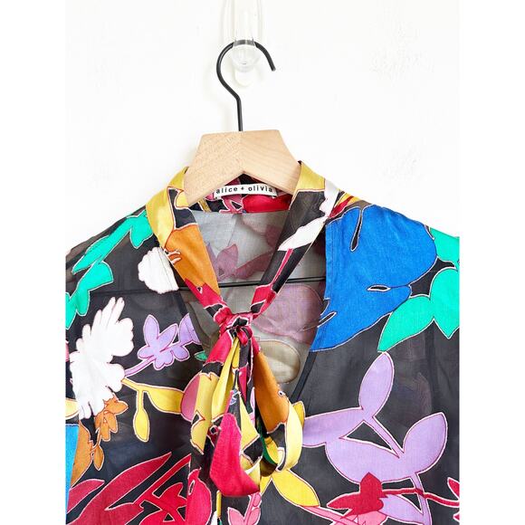 Alice + Olivia Mora Sheer Tie Neck Silk Blouse XS Black Multi-Color - Picture 3 of 7